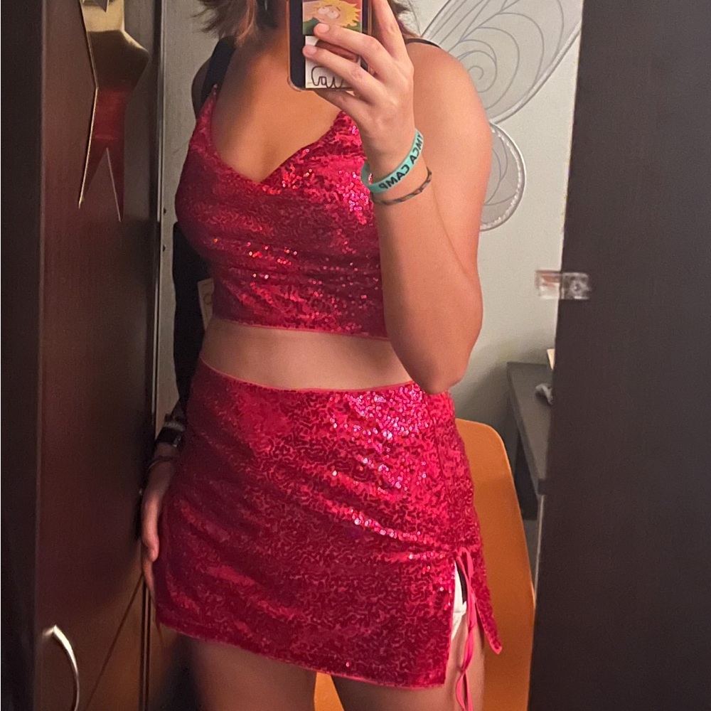 Pink Sequin Skirt & Top Set Size L